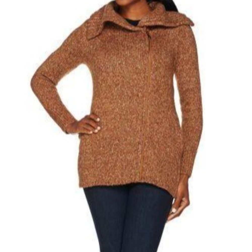 Lisa Rinna Collection Zip Front Sweater w/Rib Collar Toasted Almond Size Large